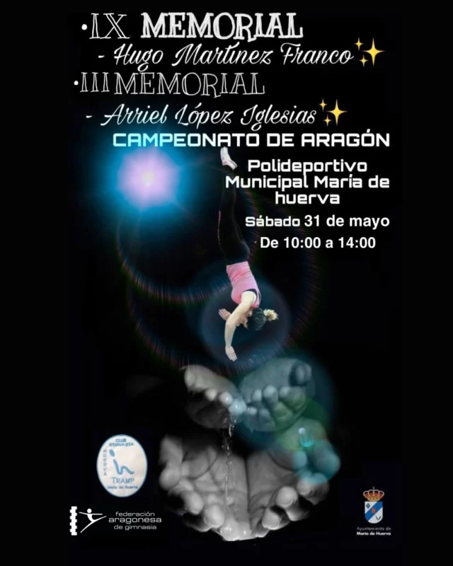 #TRA 🥇🥈🥉Este sábado entre las 10 y las 14h en el polideportivo de María de Huerva se celebrará el Campeonato de Aragón de trampolín junto con el IX Memorial Hugo Martínez Franco y el III Memorial Arriel López Iglesias. 

Es un campeonato muy especial porque el club @gimnasiahuervatramp celebra su 15º Aniversario 🎉 ¡muchísimas felicidades! Para celebrarlo asistirá a la competición la laureadísima @melaniarodriguezzz poseedora de numerosas medallas en europeos y mundiales. Nos hace especial ilusión poder ver de cerca la Reina del doble mini, toda una referencia para los gimnastas de trampolín.

¡Os esperamos! 
#somosFAG